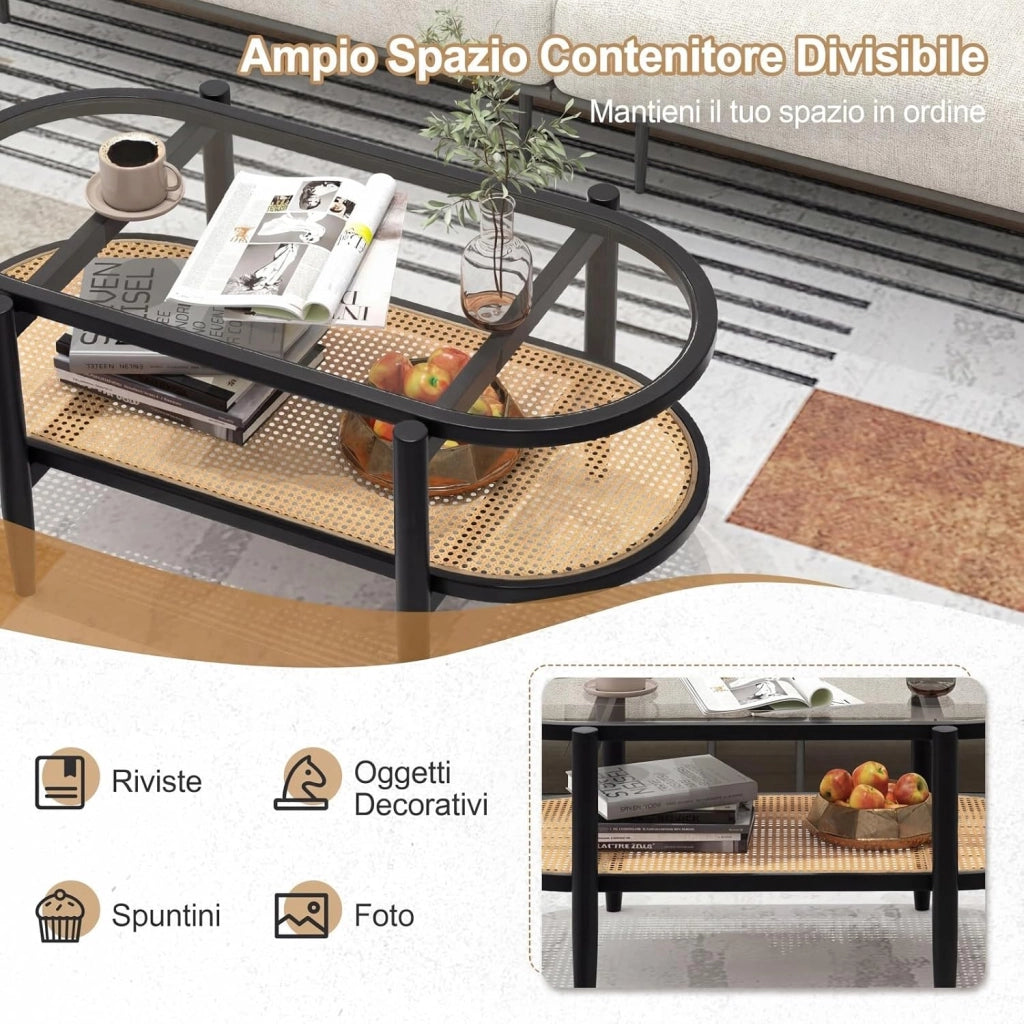 Tavolino da Caffè Salvaspazio, Tavolino da Divano a 2 Ripiani con Piano in Vetro Temperato, Struttura in Legno e Piedini Regolabili, per Soggiorno, Camera da Letto Ufficio, 102 X 56 X 46 CM