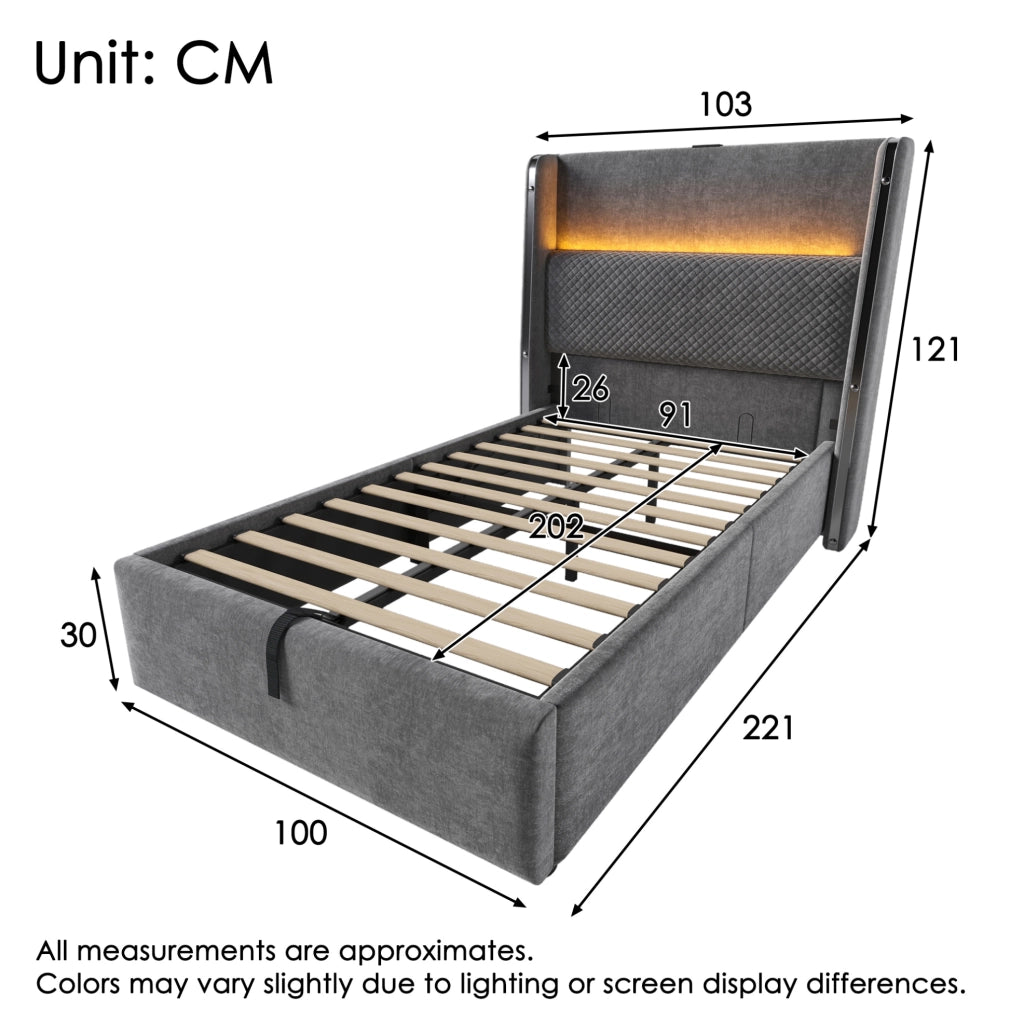 Letto imbottito con testiera alta, illuminazione LED e contenitore 90 x 200 cm