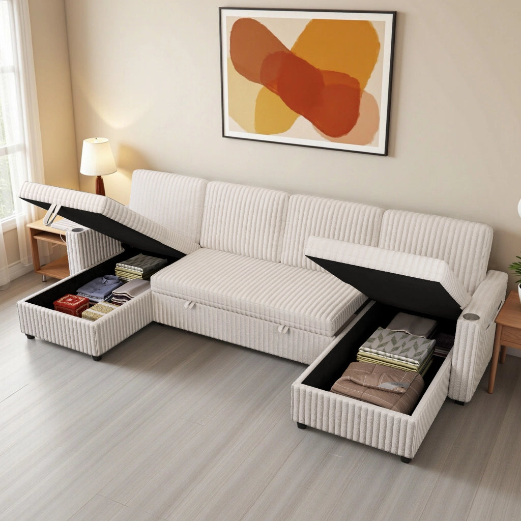 Divano panoramico a U modulare con funzione letto; contenitore; USB e portabicchieri in velluto a coste beige