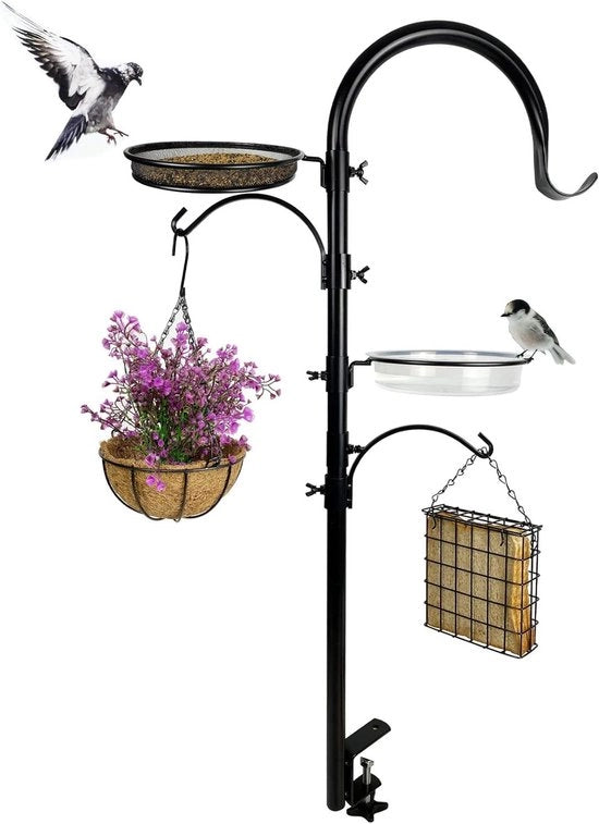 Stazione alimentare per uccelli avanzata con creazione, ganci, vasca per uccelli, gabbia a rete e cassetta con semi di lino - Stile di design multipla per balcone - Alimentatore per uccelli e portahanghi per piante