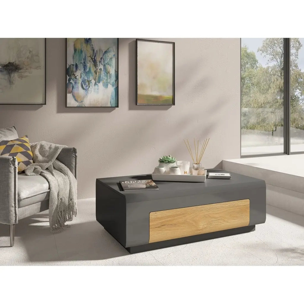 Tavolino basso OHIO – Grigio e quercia – 110x60 cm – Stile contemporaneo