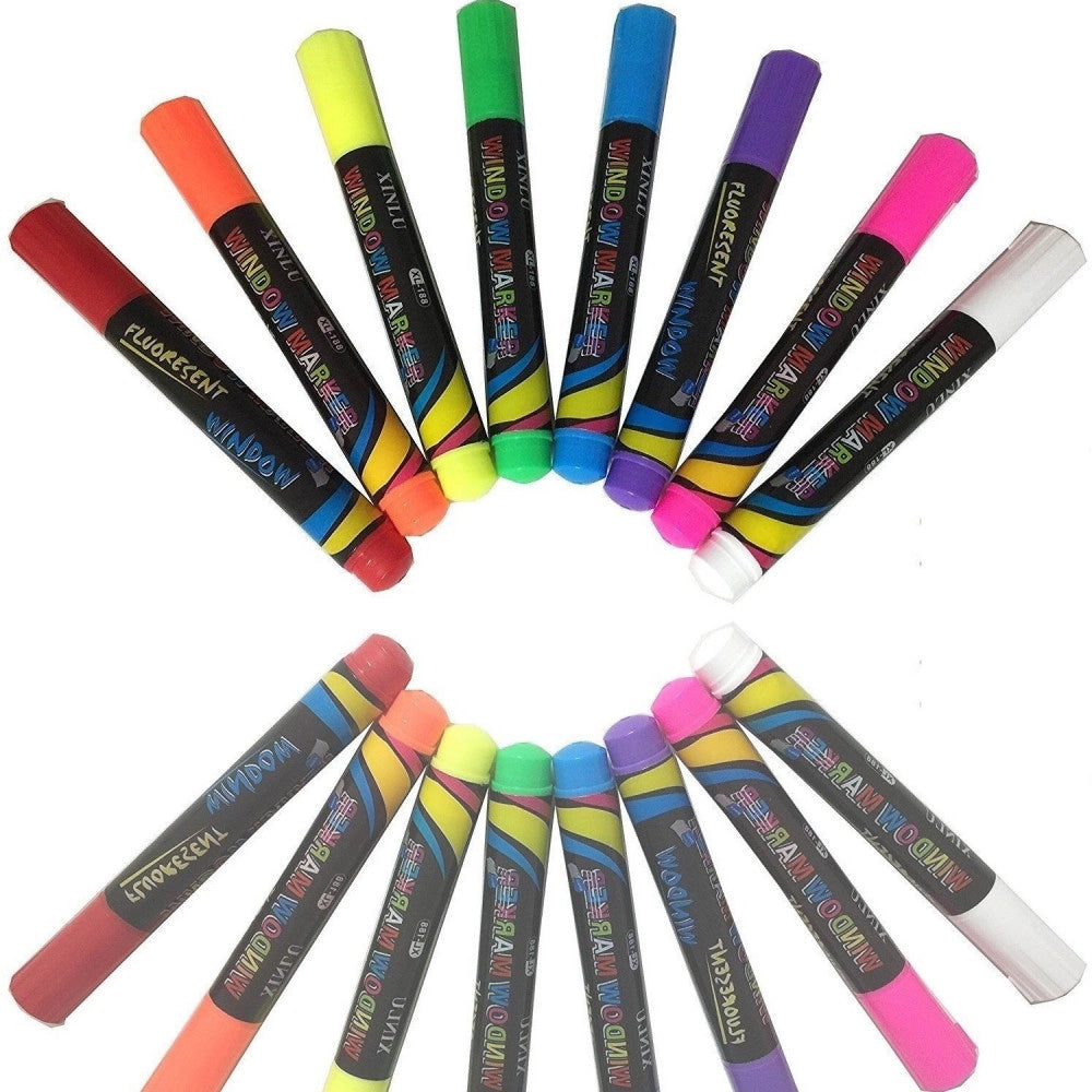 Trade Shop - 12 Pennarelli Gesso Liquido Colori Brillanti Fluo Per Lavagne Finestre Vetri -