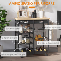 Carrello da Cucina con Cassetti e Portabottiglie Legno e Nero