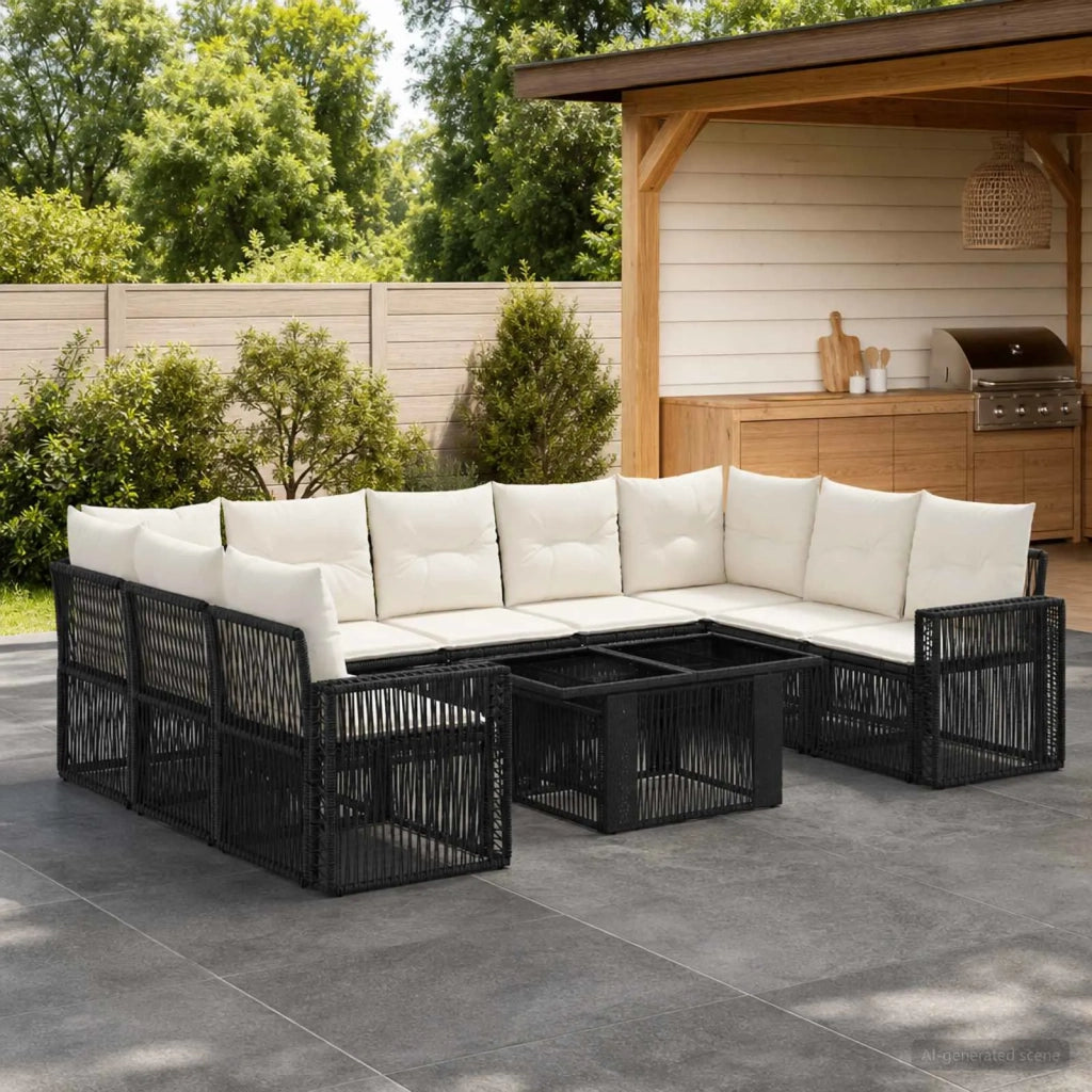 Set Divano da Giardino 10 pz Nero e Bianco Crema polyrattan 3436837