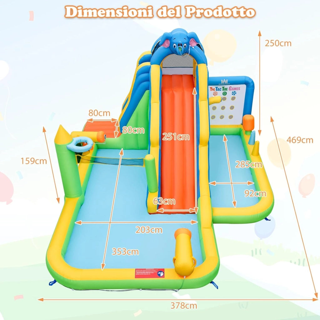 Castello Gonfiabile per Bambini, Casa Gonfiabile con Piscina, Parete da Arrampicata, Cannoni d'Acqua, per 3 Bambini di 3-10 Anni, 378 x 469 x 250 cm