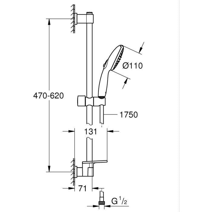 Set doccia con soffione a 2 getti, asta 60 cm, flessibile e mensola - GROHE Vitalio Start 110 26952001 - Risparmio idrico - Cromo