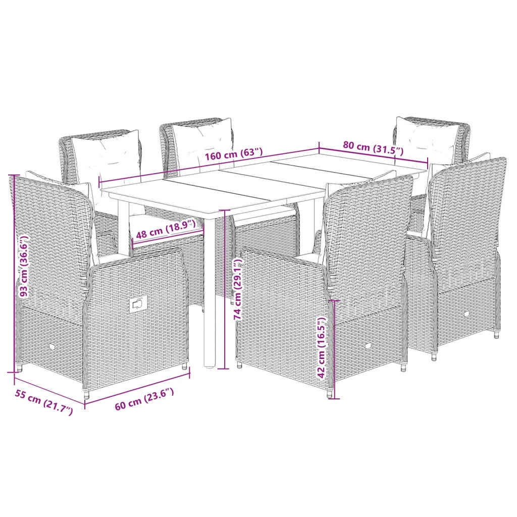 Set da Pranzo da Giardino 7 pz Cuscini Polyrattan Grigio Chiaro 3262907