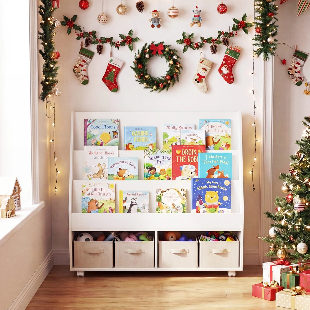 Libreria montessori con lavagna per bambini, Scaffale portagiochi con ruote con ripiani e scomparti in Bianco