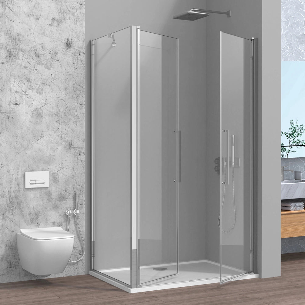 Box doccia angolare 90x90 con apertura saloon in vetro temperato trasparente con profili cromati Neos