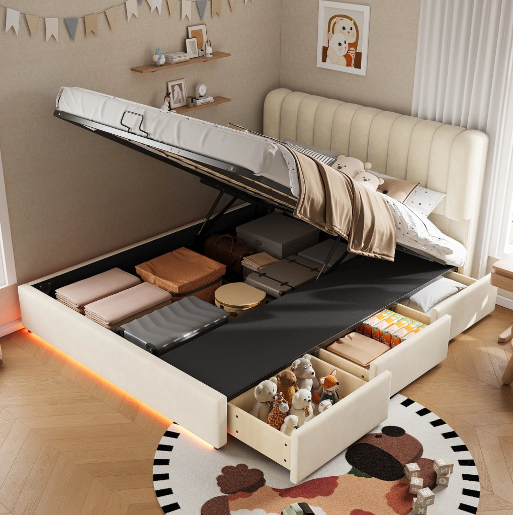 Letto contenitore per bambini con 3 cassetti, LED e velluto beige