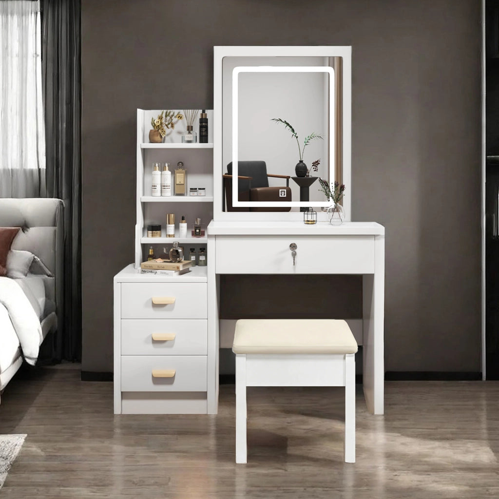 TOELETTA con specchio LED e sgabello, 4 cassetti, bianco