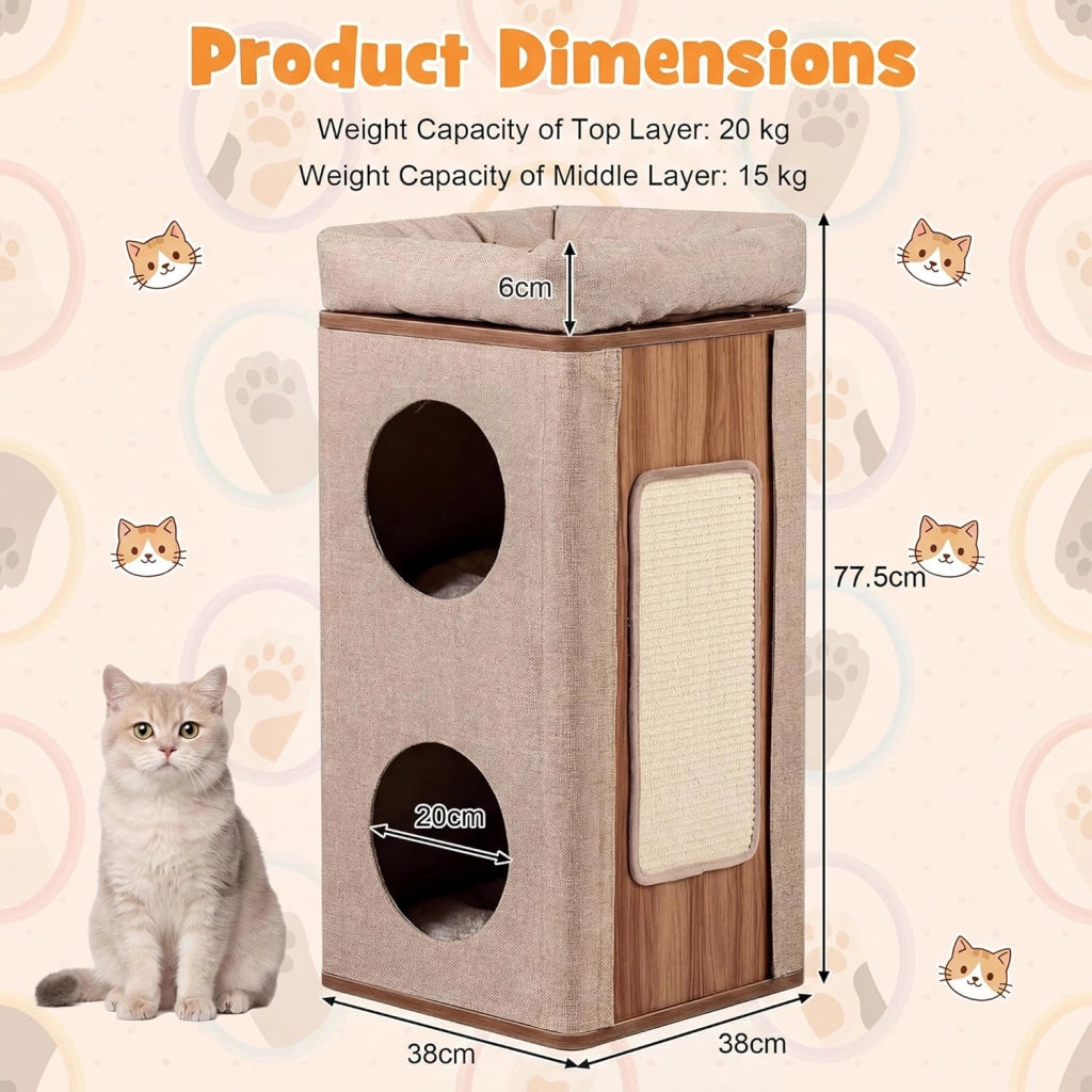 Tiragraffi per Gatti a Torre 77,5 cm, 3 Piani con 2 Grotte, Cuccia Albero per Gatti con Piastra Tiragraffi, Copertura Rimovibile e Cuscino, Tubo Stabile Ø38, Beige e Naturale