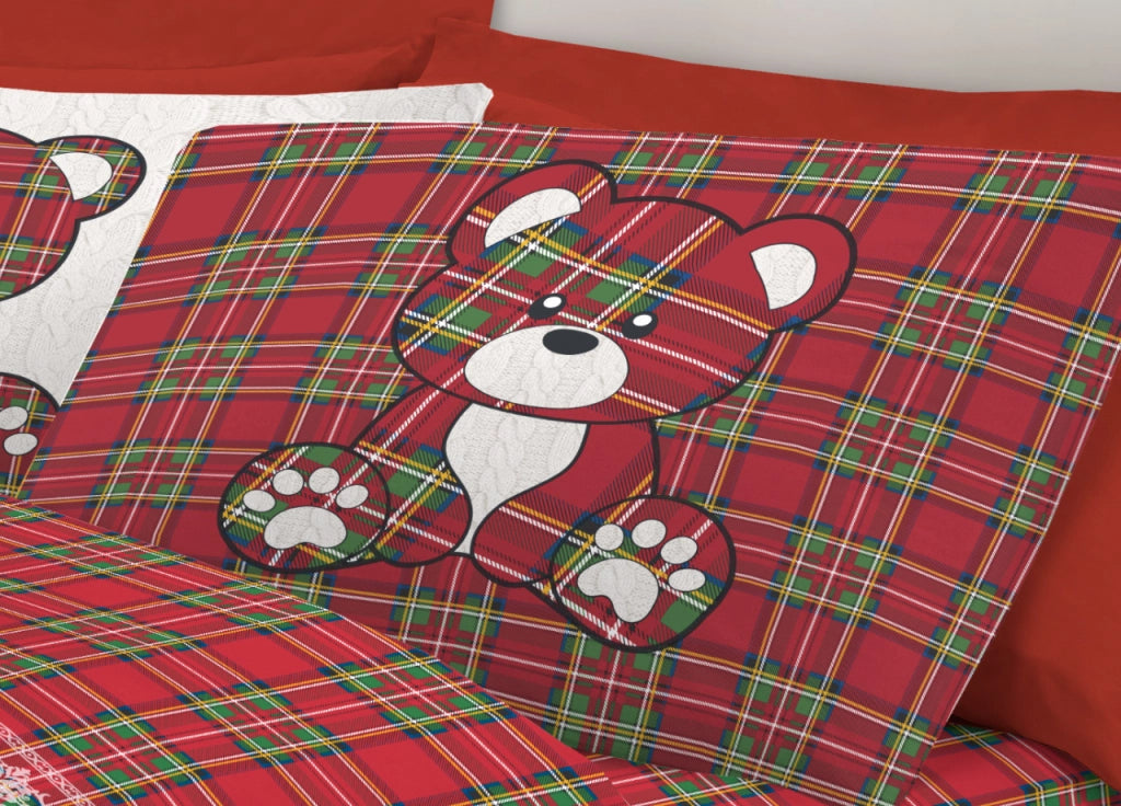 Completo Lenzuola Linea Pensieri Delicati 100% Cotone Disegno Orsetto Tartan - Matrimoniale - Rosso