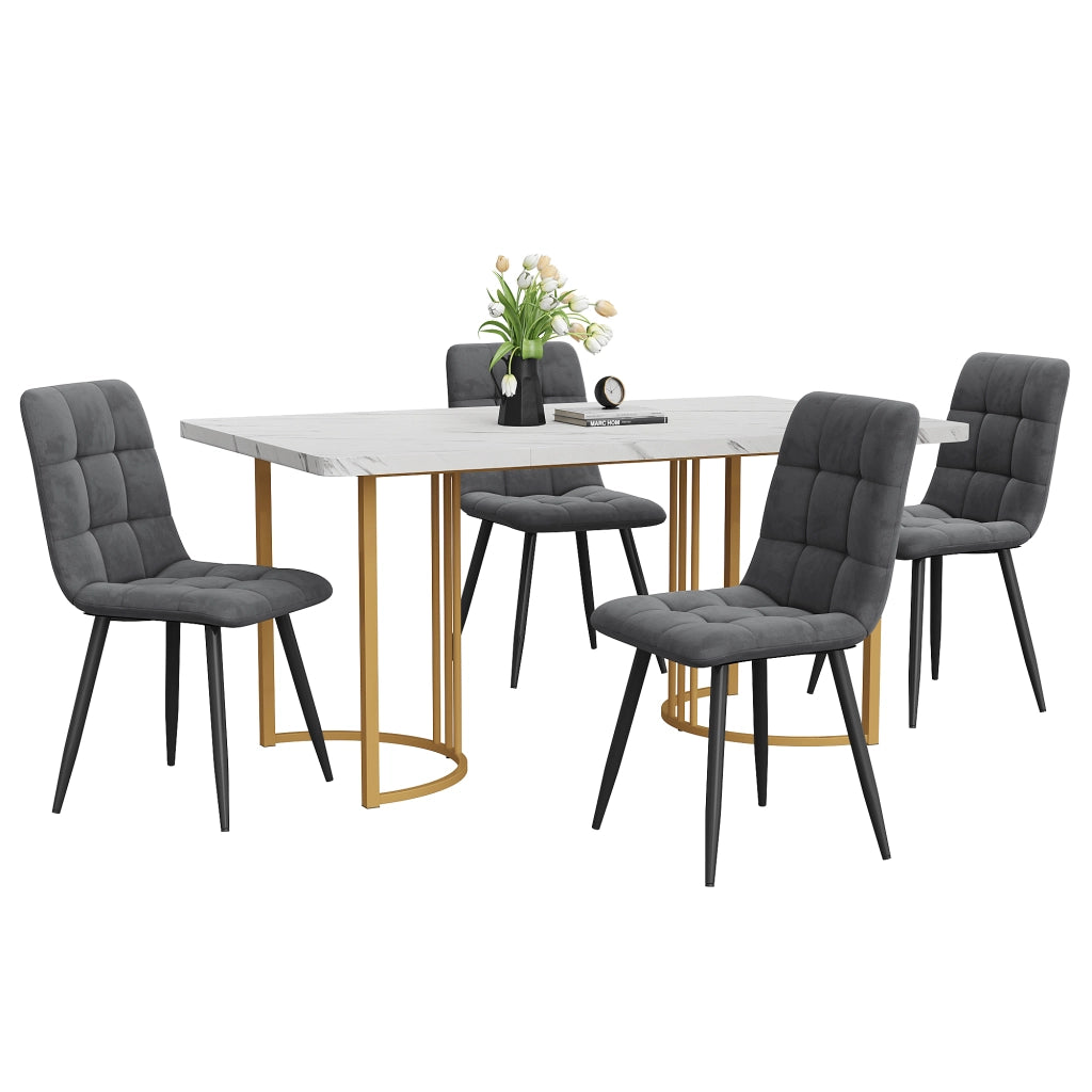 Tavolo da pranzo per 4 persone con 4 sedie in velluto, piano in MDF effetto marmo, per cucina, 140 × 80 cm