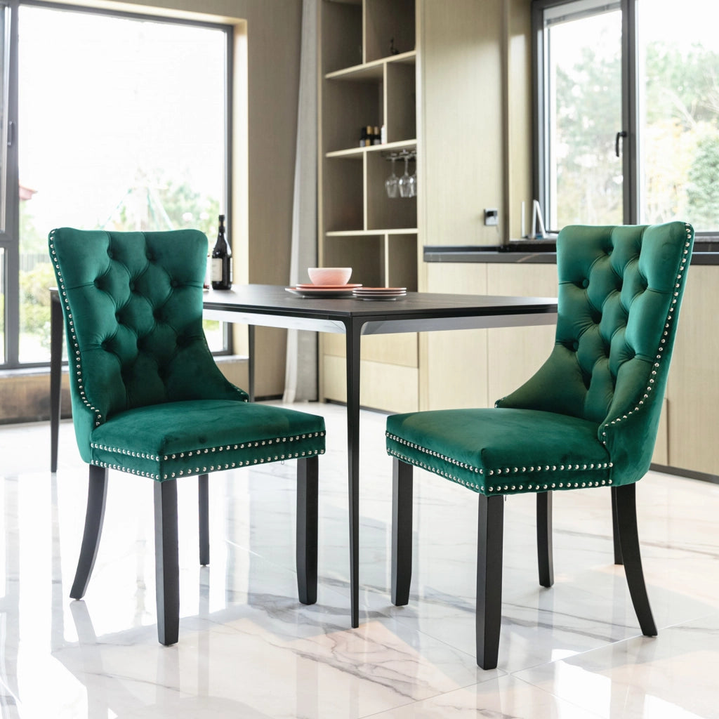 Sedie da Pranzo Imbottite in Velluto Verde con Gambe in Legno ¨C MINIMAL ¨C Set 2 Pezzi