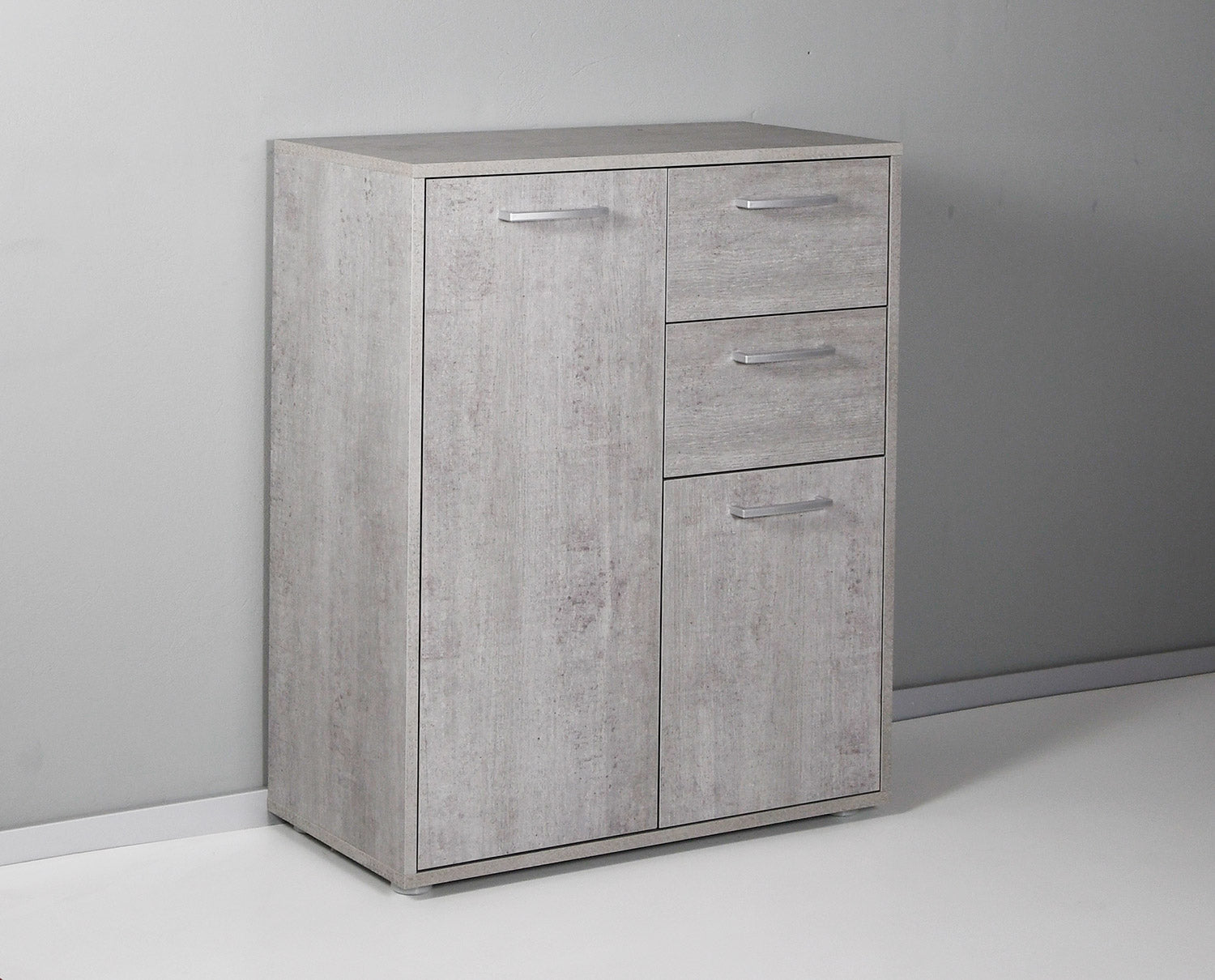 Armadietto Multiuso 3 Ante 2 Cassetti 87,6x35,3x72 cm in Truciolare Nobilitato Cemento