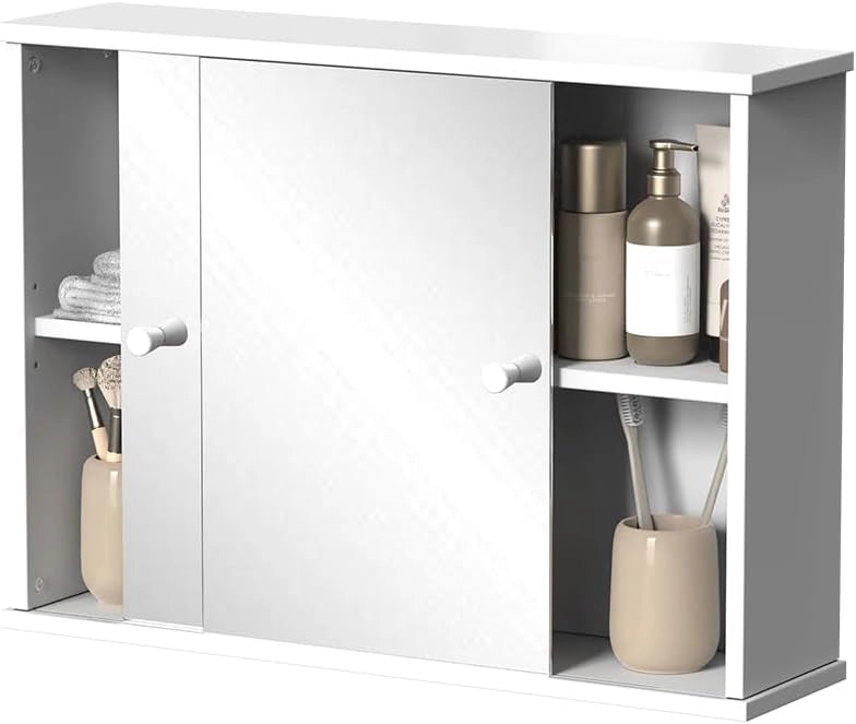 Mobile a specchio per il bagno Mireo, Bianco, 55 x 40 cm con 2 porte scorrevoli, per montaggio a parete con ripiani aperti