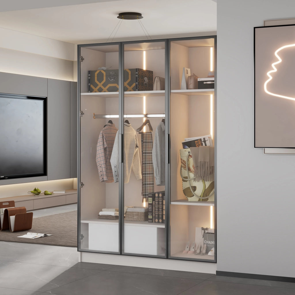 Armadio Bianco con 3 Porte in Vetro, Cassetto e Appendiabiti LED ¨C Xylo ¨C 110x50x160 cm