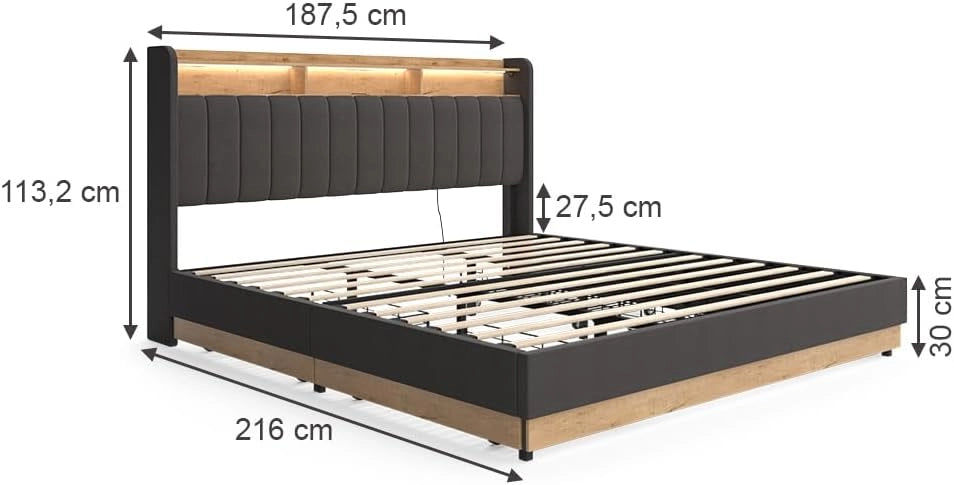 Letto imbottito Nura, Antracite, 180x200 cm con materasso, con porta di ricarica USB, illuminazione LED e telecomando