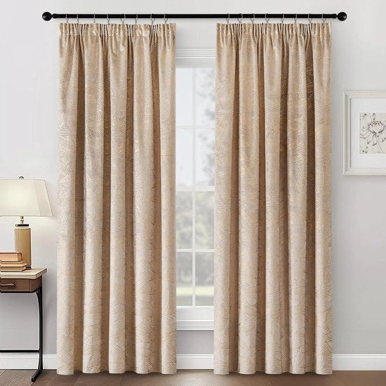 Gordini in velluto con cintura di piegatura e foglie dorate - Oscuranti e isolanti termici - 2 pezzi 140 x 225 cm