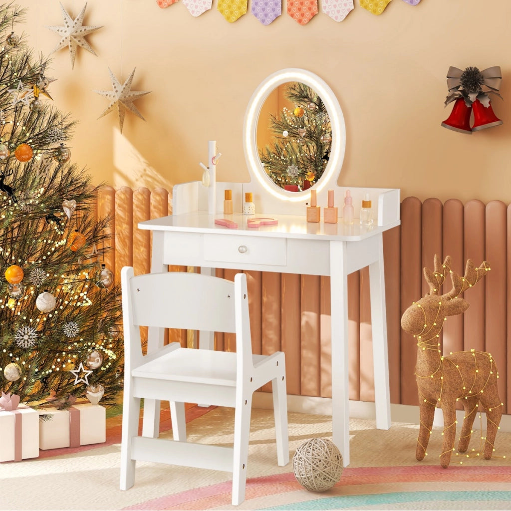 Set di trucco per bambini con specchio sedia illuminazione a LED a 2 colori-Tavolo da trucco per ragazze Bianco