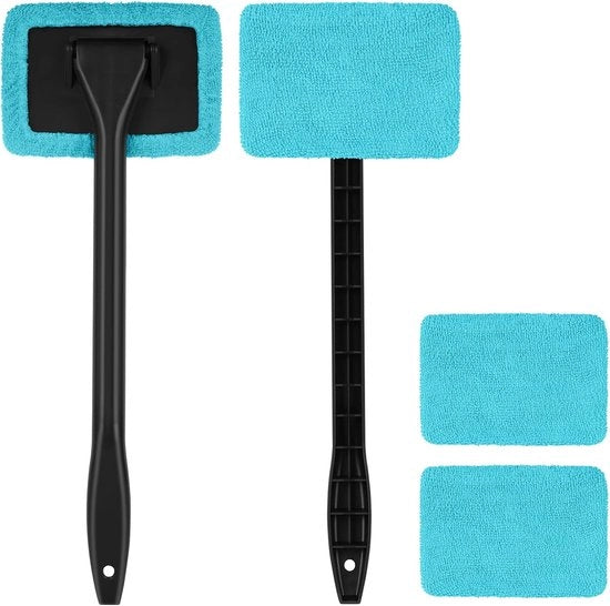 Kit di pulizia vetro per auto 2 pezzi - set di spazzole per vetro con lunga manovella - microfibra lavabile - per uso interno auto casa - pulitore vetro per rimuovere nebbia e umidità - colore blu.