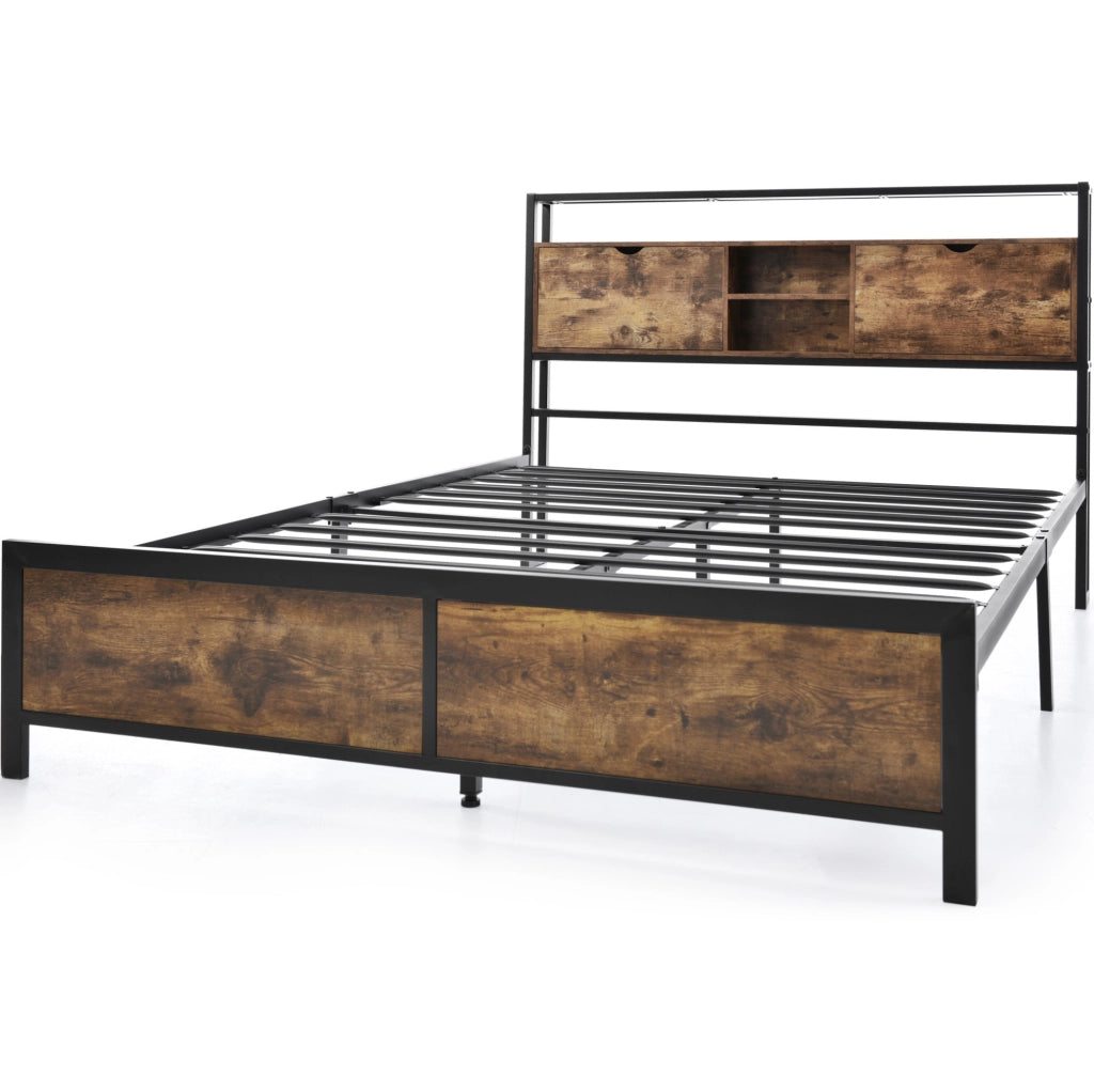 Letto matrimoniale 140x200 cm con testiera contenitore; struttura in metallo e MDF; naturale