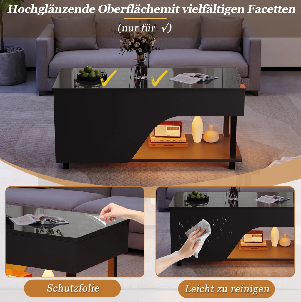 Tavolino da soggiorno regolabile in altezza 50 x 100 x 46 cm; con LED; vano contenitore; nero