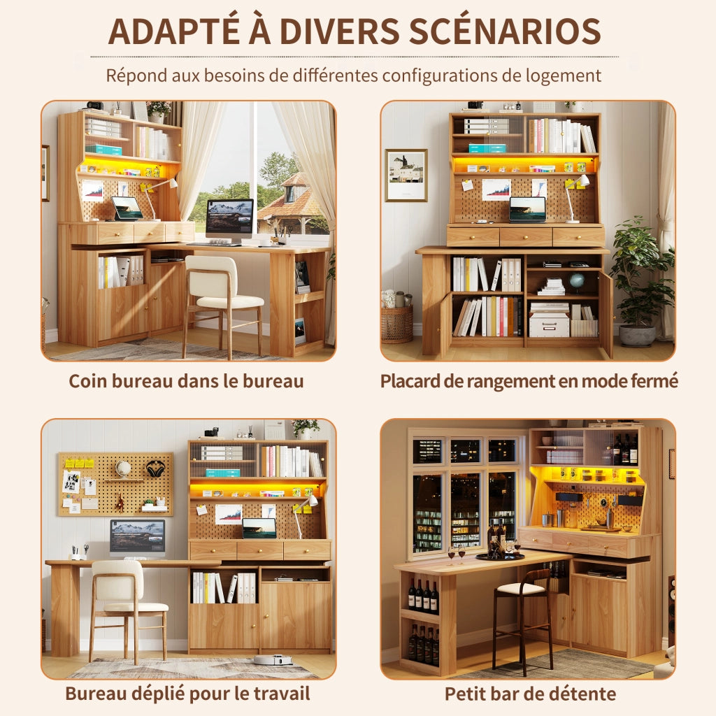 Mobile contenitore con scrivania integrata e ante scorrevoli in vetro, LED con app, MDF 137 × 74 × 177,7 cm
