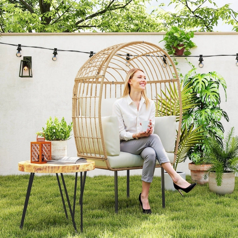 Poltrona in rattan a forma di uovo con cuscino sfoderabile resistente alle intemperie per giardino e balcone beige