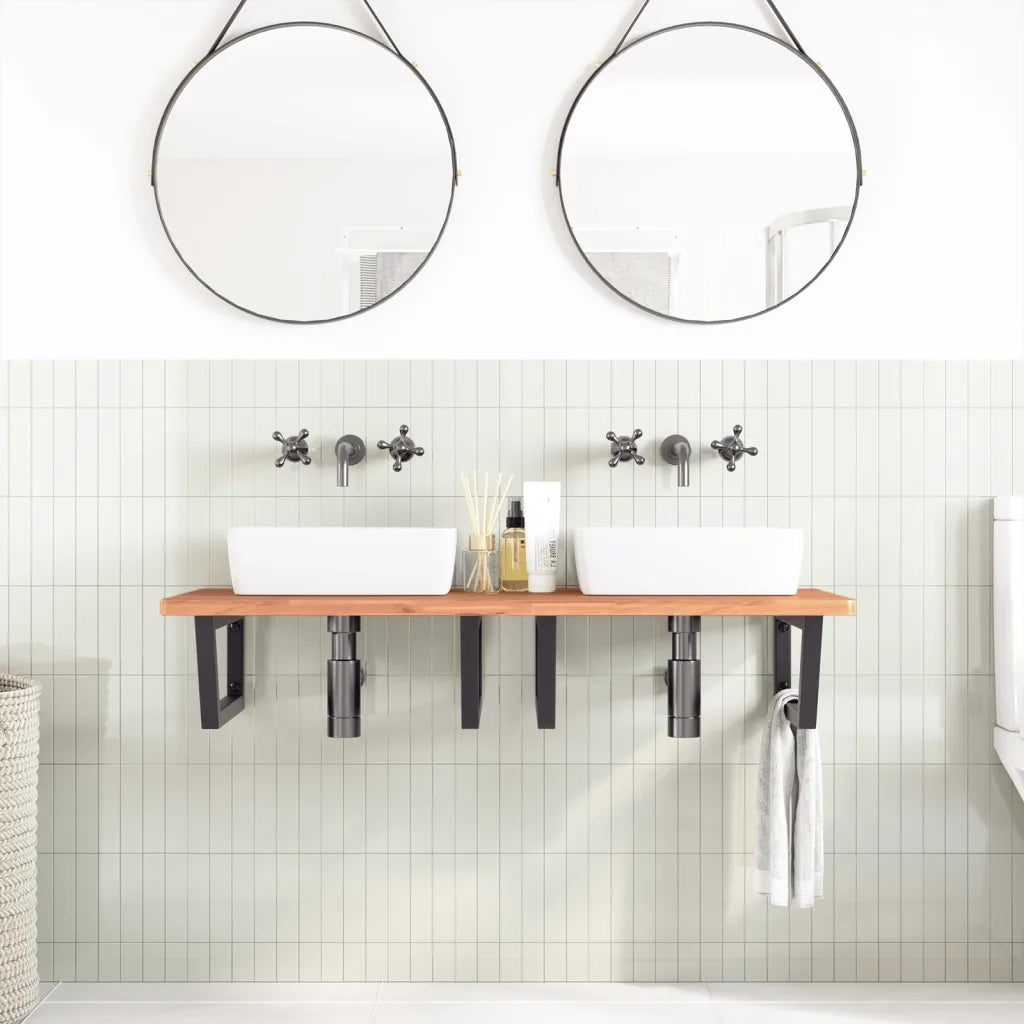 Ripiano a Parete per Lavabo in Acciaio e Massello di Faggio