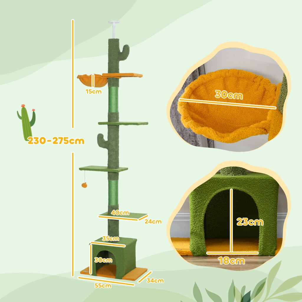 Tiragraffi per gatti da soffitto regolabile 230-275 cm con cuccia, amache, piattaforme e dispositivo anti-ribaltamento, verde
