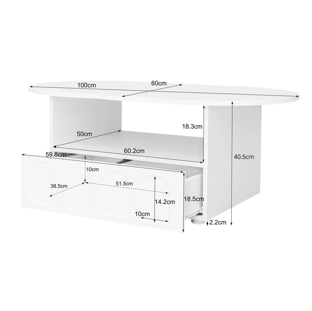 Tavolino da salotto a forma di nuvola 100x60x40;5 cm; in truciolare bianco con cassetto