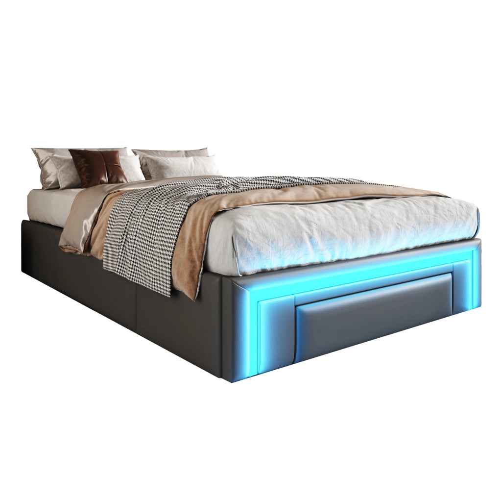 Letto singolo 90x200 cm con cassetti e LED RGB grigio