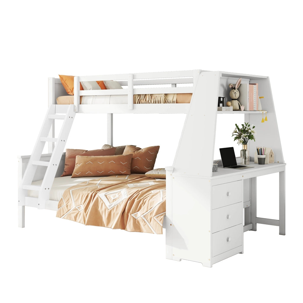OKWISH Letto a castello 90×200 cm e 140×200 cm, Letto 3 Posti con Scrivania, Mensole e 3 Cassetti, senza Materasso, Bianco