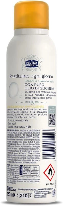 NEUTRO ROBERTS CON PURO OLIO DI GLICERINA ZERO ALCOL 48H DI PROTEZIONE ASCIUTTO CON CEDRO E VANIGLIA 150 ML