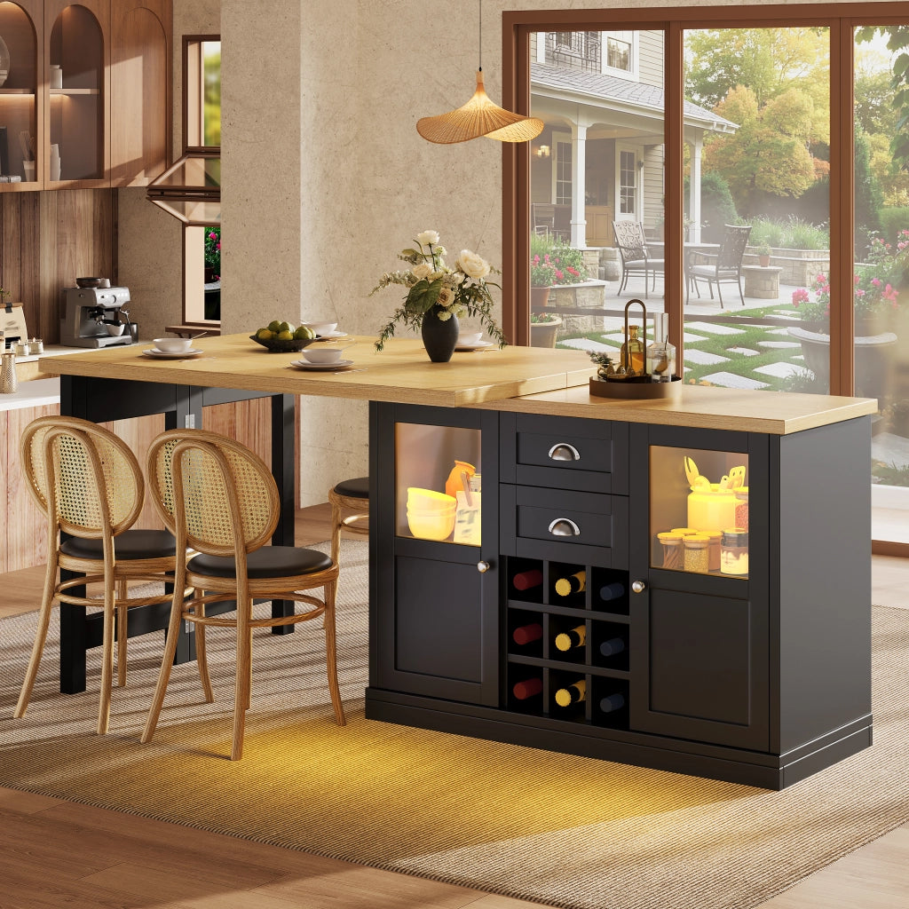 Tavolo da pranzo estensibile con LED a 3 colori; 2 cassetti; 2 armadietti con ante in vetro e portabottiglie; per cucina e soggiorno