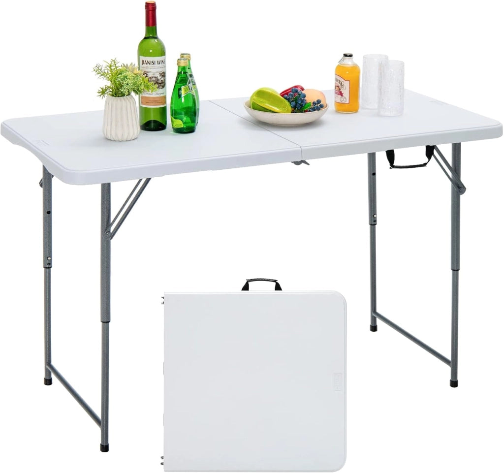 Tavolo Pieghevole Regolabile in Altezza, Tavolo Campeggio Richiudibile e Portatile con Maniglia di Trasporto, Tavolo Picnic Salvaspazio in HDPE, Telaio in Ferro, 120 x 60 x 74,5 cm, Bianco