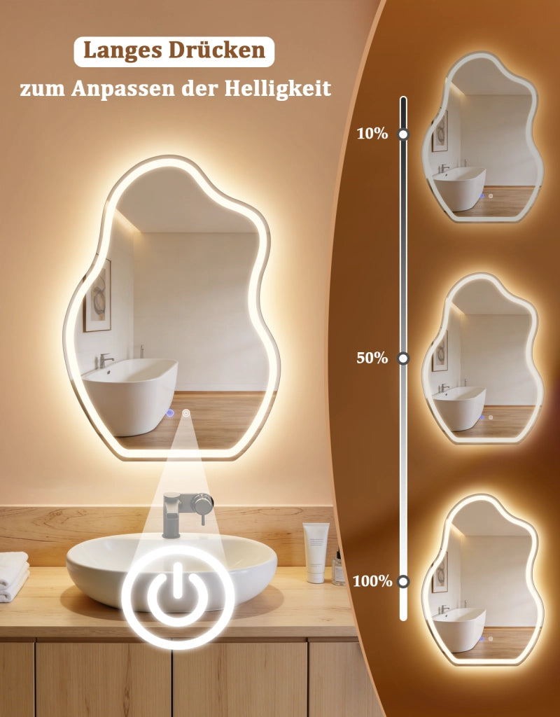 ZMH Specchio da bagno LED asimmetrico 50x70 cm IP44 interruttore touch antiappannante dimmerabile 3000K-6500K parete
