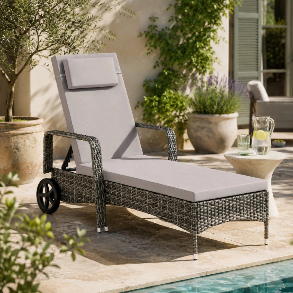 Chaise Longue In Polyrattan Con Schienale Reclinabile Sei Livelli Poggiatesta Integrato E Ruote Per Giardino E Solarium 196 x 72 x 94.5 Cm Grigio