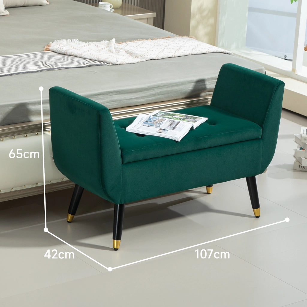 Sitzbank imbottita con vano contenitore, rivestimento effetto velluto, struttura in legno di caucciù, verde, 107 x 42 x 65 cm