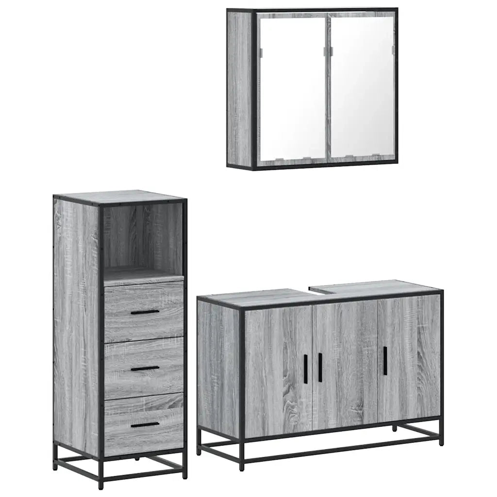 Set Mobili da Bagno 3 pz Grigio Sonoma in Legno Multistrato