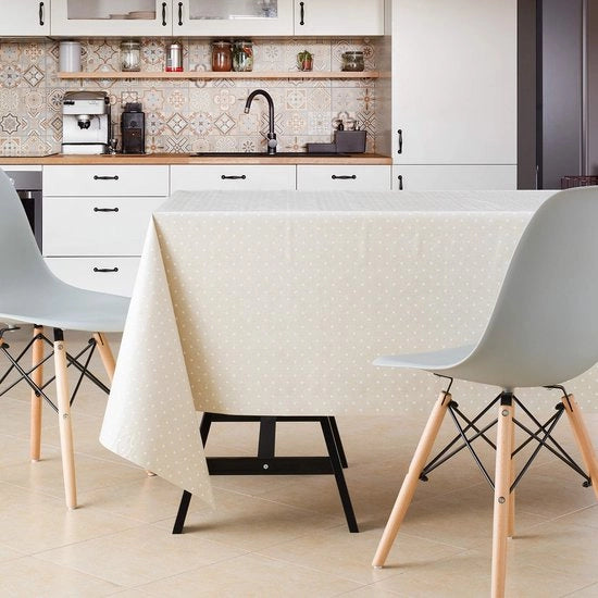 Tavolo Coperto Vintage Beige - Lavabile in Lavatrice - Impermeabile - Rettangolare 140x200 cm - Disegno a Punti - Facile da Pulire - Tavolo Coperto in Vinile