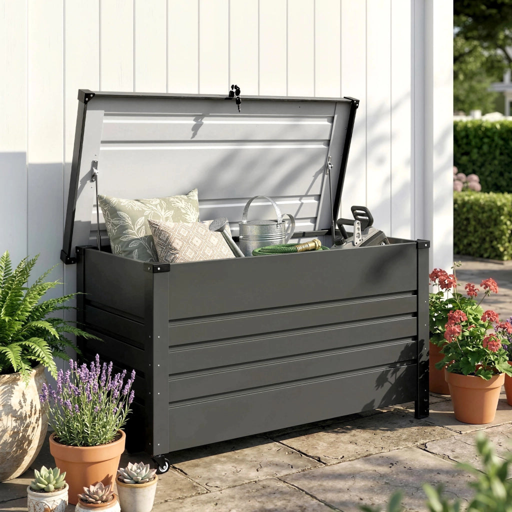 Cassa 350L, Box Metallo con Coperchio Bloccabile, Ruote, Maniglie Laterali, Grigio
