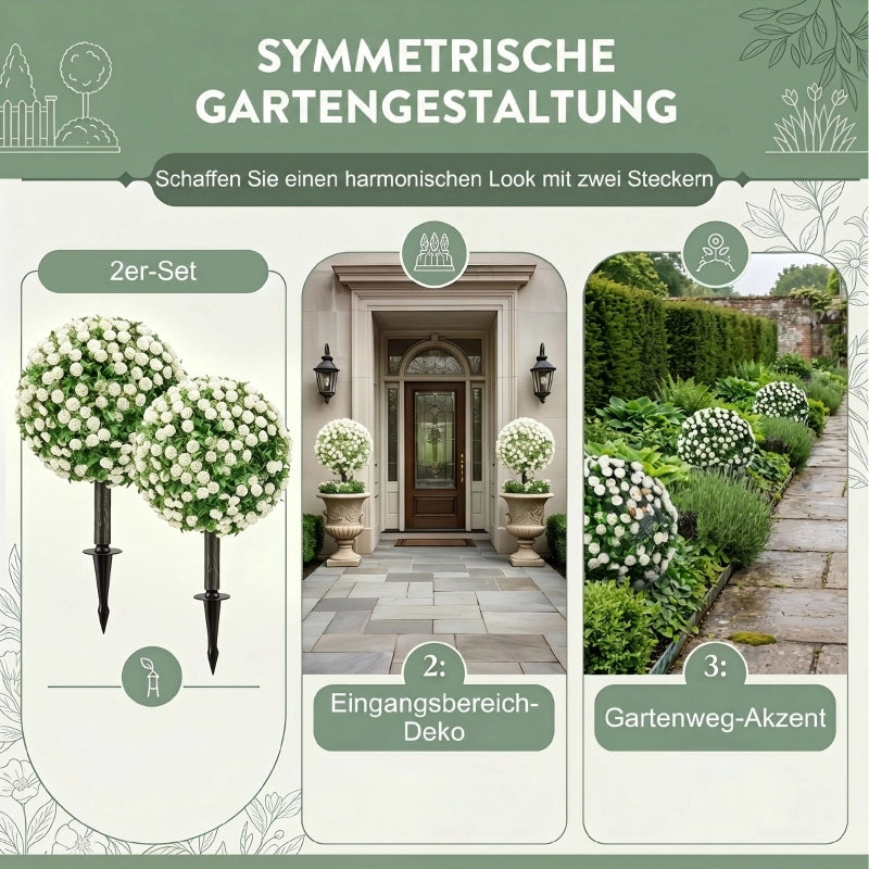 Sfere di rose artificiali, resistenti ai raggi UV per uso esterno, set di 2 roseli, 55 cm, bianche