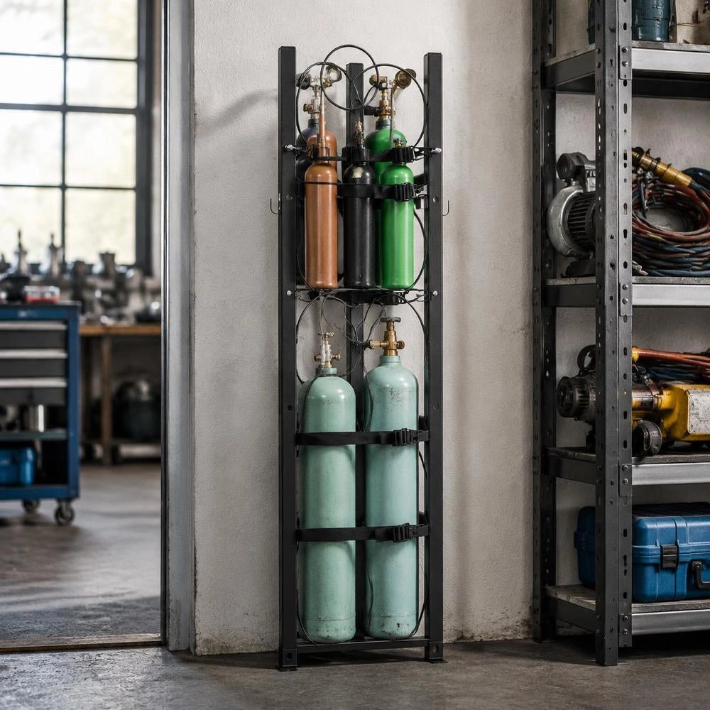 Refrigerant Tank Rack With 3 X 30 Lbs And 3 Additional Small Bottle Tanks, Cylinder Tank Rack 12.79 X 12.99 X 47.12 Inches, Refrigerant Cylinder Rack And Brackets For Freon, Gases, Oxygen