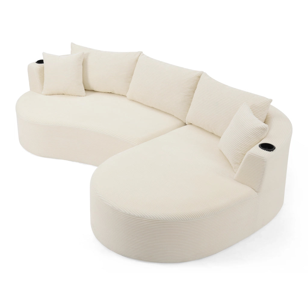 Divano Angolare 3 Posti con Chaise Longue ¨C MINIMAL ¨C Tessuto a Coste, Beige, con Cuscini e Portabicchieri