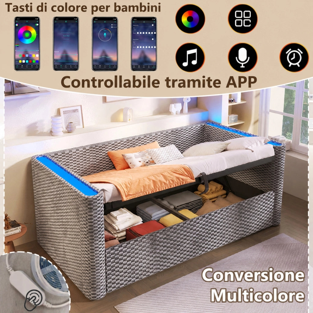 Letto singolo 90x200 cm divano letto con LED e cassetti; lino beige