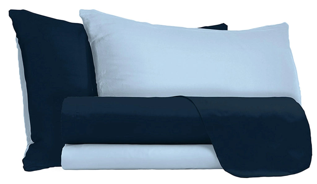 Set Lenzuola Singolo Sopra Sotto e Federe Doubleface Blu Scuro/Azzurro