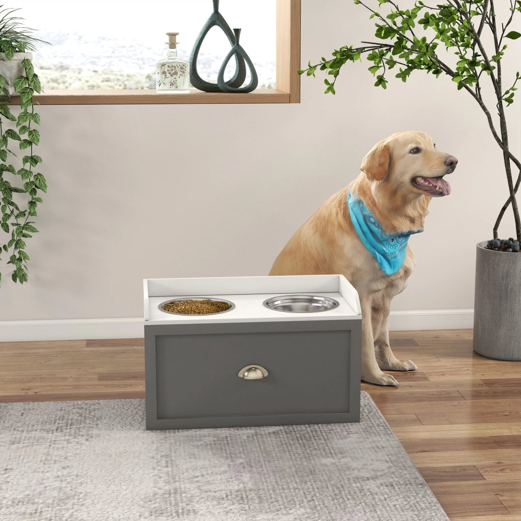 Tavolo per Cani con 2 Ciotole e Cassetto ¨C zephmum ¨C Grigio e Bianco 63x30x36 cm